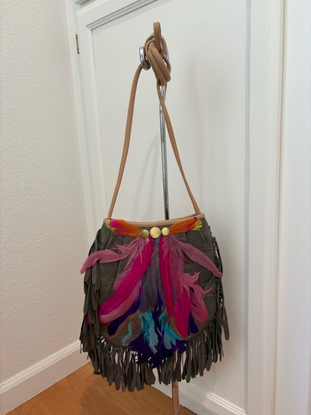 Fringe Shoulder Bag with Multicolor Feather Accent - Taupe